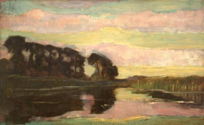 Flusslandschaft mit rosafarbenem und gelbgrünem Himmel von Piet Mondrian